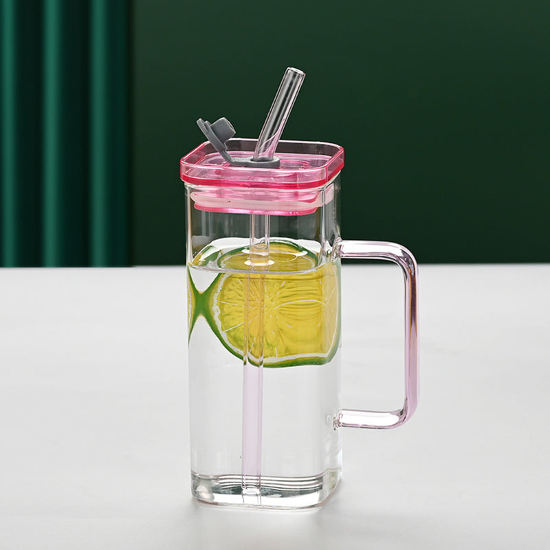 1 Pcs Pink Glass Straw Cup, 6 Colors Square Glass Cup With Straw