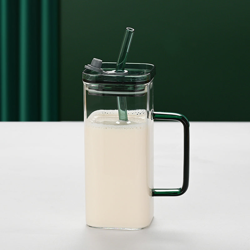 1 Pcs Pink Glass Straw Cup, 6 Colors Square Glass Cup With Straw